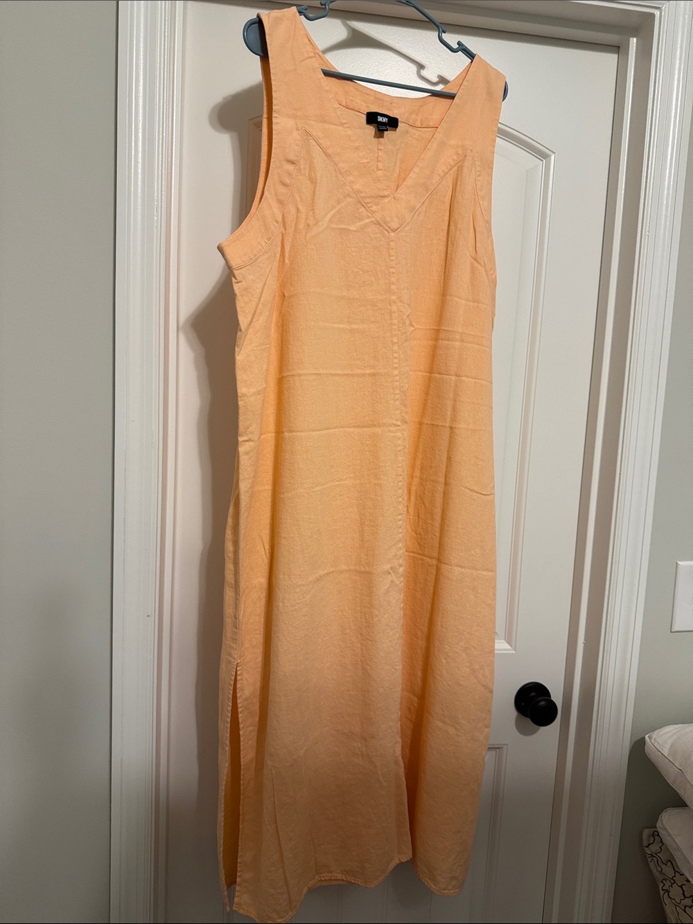 DKNY Peach Sleeveless V-Neck Midi Dress small spot on back of dress see pics